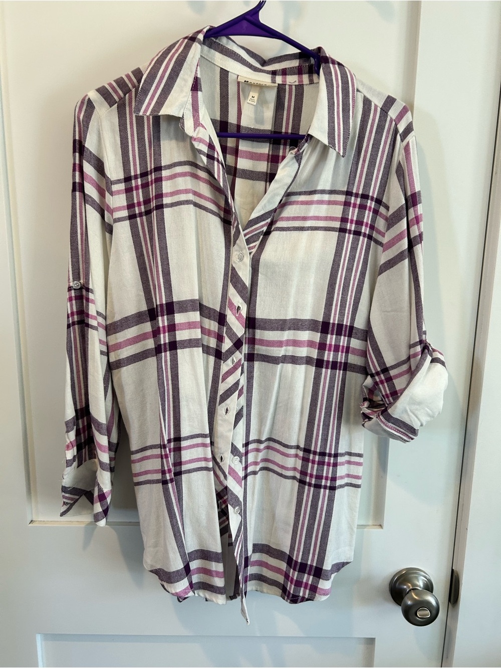 Light Cream Plaid Button-Down Shirt with Purple Stripes